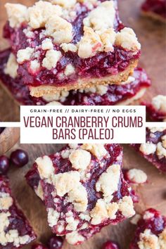 vegan cranberry crumb bars stacked on top of each other with the title above it