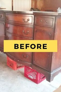 an old dresser with the words before painted on it