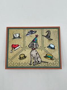 a card with a dog wearing a party hat and many other hats on it's back