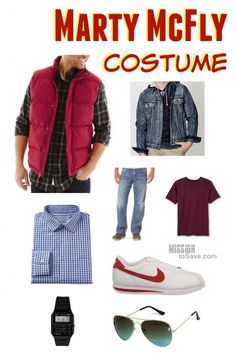 a poster with clothes and sunglasses on it that says, marty mcfly costume for men