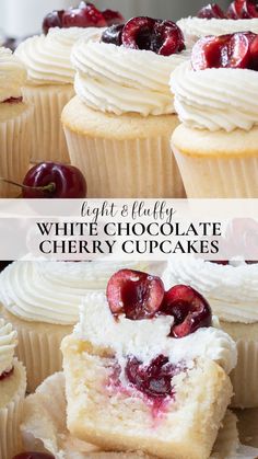 cupcakes with white chocolate frosting and cherries on top are shown side by side