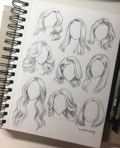 a drawing book with different hair styles on the page and an iphone next to it