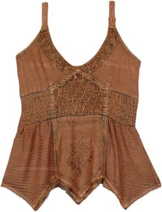 A gorgeous lustrous brown soft satin rayon halter top. The halter top has all set up to give the classic snug fit on the waist while highlighting the bust on the top and giving way to a short frock with an uneven hem from the waist down. #tlb #Embroidered #bohemianfashion #Haltertop #renaissancetop Fitted Brown Halter Top For Festivals, Sleeveless Brown Top For Festival, Brown Sleeveless Top For Festival, Brown V-neck Camisole For Summer, Brown Sleeveless Halter Top For Spring, Brown Fitted Top With Spaghetti Straps, Brown Fitted Spaghetti Strap Top, Elegant Brown Tank Top For Summer, Elegant Brown Summer Camisole