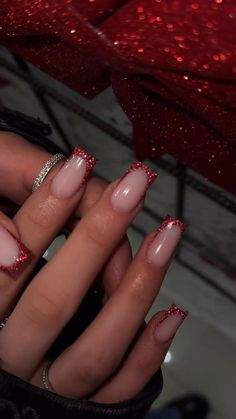 Nails Acrylic Red Short, Glitter Red Nails Acrylic, Nail Designs Red Color, Red Sparkling Nails, Red Nails Glitter Tips, Red Nail Set Prom, Red Nail Acrylic Designs, Gold And Red Nail Designs, Acrylic Red Nails Design