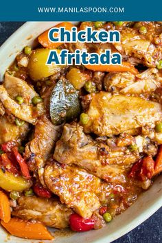 chicken affiada with peppers and carrots in a white bowl