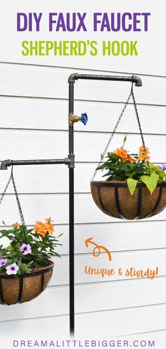 two hanging planters with flowers in them