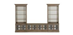 an old bookcase with glass doors on the front and back sides, isolated against a white background