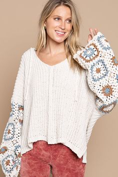 Final Sale - Get it before it's gone! The Cameron Beige Crochet Wide Bell Sleeve Sweater is the sweater everyone is looking for! Beige knit shapes this boho sweater with a V-neckline and wide bell sleeves in a crochet grandma square pattern. Features a hoodie with ties and a center seam. Pair with flare jeans for a brunch date with your girlfriends. DETAILS & CARE Polyester. Machine wash cold. Imported. Crochet Grandma Square, Crochet Grandma, Boho Knit, Beige Crochet, Brunch Date, Boho Sweater, Fall Fit, Bell Sleeve Sweater, Pink Boho