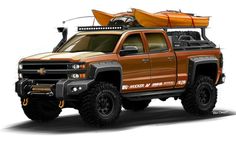 an orange truck with a kayak on the roof is parked in front of a white background