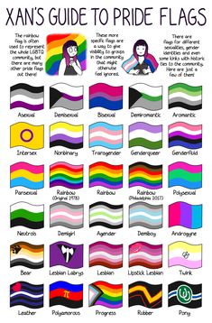 a poster with different colors and symbols on it, including the names of pride flags