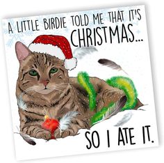 a christmas card with a cat wearing a santa hat on it's head and the words, a little bride told me that its christmas so i ate it