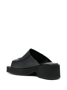 Find ECKHAUS LATTA Block Heel Leather Sandals on Editorialist. black square toe open toe flat rubber sole Adjustable T-strap Leather Huarache Sandals, Black Closed Toe T-strap Sandals With Leather Sole, Black Leather T-strap Sandals With Open Toe, Spring Black T-strap Sandals With Leather Sole, Black T-strap Sandals With Leather Sole And Open Toe, Eckhaus Latta, Black Square, Black Sandals, Leather Sandals