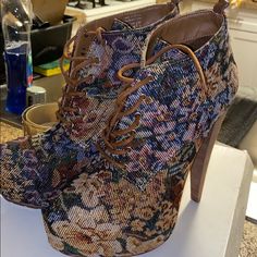 Aldo Brand New Boots Multicolor High Heels For Fall, High Heel Floral Print Boots For Party, Multicolor Ankle-high Heels, High Heel Floral Print Party Boots, Multicolor Floral Print Heels With Round Toe, Multicolor Lace-up Platform Boots, Multicolor Ankle Boot Heels For Fall, Fall Floral Print High Heels, Spring Boots With 4-inch High Heel