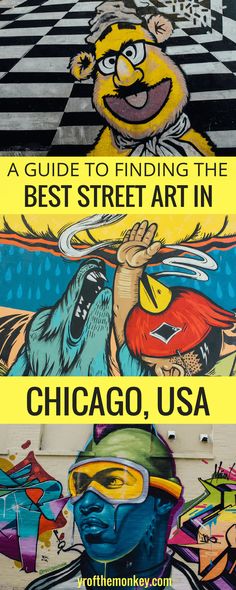 the words chicago, usa are painted in different colors and styles with an image of a man