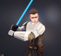 a character from star wars holding a blue light saber