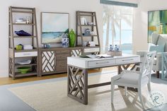 a white table and chairs in a room with blue accents on the windowsills