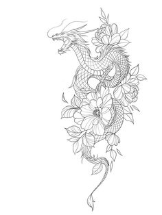 a drawing of a dragon with flowers on it's back and the tail curled up