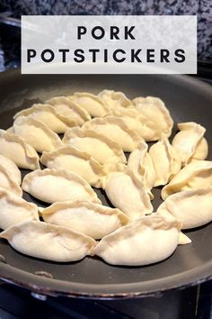 dumplings in a pan with the words pork potstickers on it's side