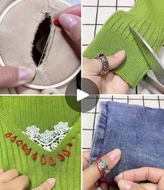 four pictures showing how to make a sweater with scissors and fabric, including the sewing hole