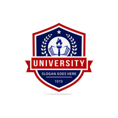 the university logo is red, white and blue with an emblem underneath it that says slogan goes here