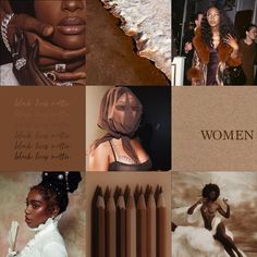 the collage shows different images of women in brown and white outfits, including one woman with