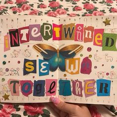 someone is holding up a book with letters and a butterfly on the cover that says innerwind sew together