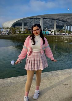 Pink Plaid Skirt Outfit Aesthetic, Pink Skirt Outfit Winter, Pink Denim Skirt Outfit, Plaid Tennis Skirt Outfit, Pink Plaid Outfit, Pink Plaid Skirt Outfit, Plaid Skirt Outfit Aesthetic, Pink Pleated Skirt Outfit, Preppy Skirt Outfits