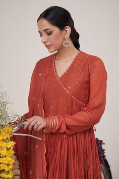 Rust orange anarkali with zardosi and metal tikki embroidery. Paired with embroidered pants and a dupatta featuring scattered tikki details., Fit: Relaxed V Neck Anarkali, Orange Anarkali, Zardosi Work, Embroidered Anarkali, Embroidered Pants, Women Kurta, Rust Orange, Pant Set, Set For Women