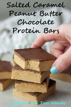 salted caramel peanut butter chocolate protein bars are stacked on top of each other