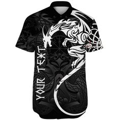 Custom Viking Short Sleeve Shirt Dragon Tattoo Black Fitted Short Sleeve Camp Shirt, Casual Stretch Polo Shirt With Short Sleeves, Tropical Shirts, Cuff Detail, Custom Shorts, Aloha Shirt, Dragon Tattoo, Professional Look, Hawaii Shirt