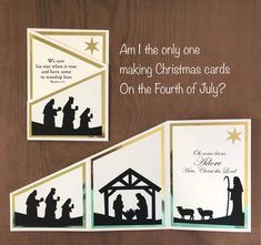 three christmas cards with the silhouettes of people and a nativity scene on them