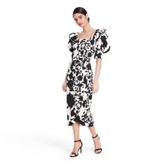 Floral Puff Sleeve Faux Wrap Dress - Christopher John Rogers For Target Black And White Midi Dress Makes A Sleek And Sophisticated Addition To Your Wardrobe Puff Sleeves With Ruffle Detailing Lend Statement Style Polished Poplin Construction With Allover Mixed Floral Print For Modern Charm Faux Wrap Skirt Creates Lovely Shaping Alongside Smocked Back Invisible Side Seam Zipper For Easy On/Off *** Sold Out At Target White Puff Sleeve Dress, Colorful Midi Dress, Christopher John Rogers, Target Dress, Taffeta Dress, Short Sleeve Dress Shirt, Striped Shirt Dress, Check Dress, Black White Dress