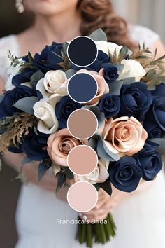 a bride holding a bouquet with blue and pink flowers