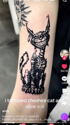 an image of a cat tattoo on someone's arm with the caption i tattooed cheesie cat and alice