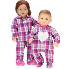 two dolls standing next to each other wearing pink and white plaid pajamas with hearts on the chest