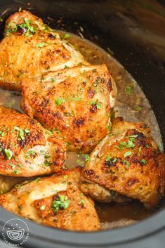 the chicken is cooked in the slow cooker and ready to be served for dinner