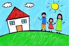 a child's drawing of a family standing in front of a house with the sun above