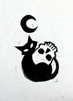 a black and white drawing of a cat with a crescent