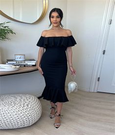 Off Shoulder Ruffle Hem Bodycon Elegant Dress Bodycon Ruffled Midi Dress For Date Night, Bodycon Midi Dress With Ruffles For Date Night, Bodycon Ruffled Midi Dress For Night Out, Bodycon Midi Dress With Ruffles For Night Out, Ruffle Hem Bodycon Dress For Date Night, Knee-length Ruffled Bodycon Dress For Brunch, Knee-length Bodycon Dress With Ruffles For Brunch, Elegant Dress, 1 Million