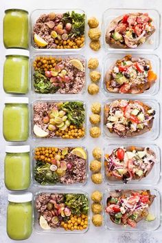 several plastic containers filled with different types of food next to green smoothie cups on a white surface