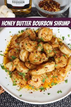 A plate full of honey butter bourbon shrimp garnished with red pepper flakes and parsley Bourbon Shrimp, Honey Bourbon, Bourbon Sauce, Bourbon Tasting, Shrimp Recipes For Dinner, Printable Recipe, Cooking For Two, Honey Butter, Crusty Bread