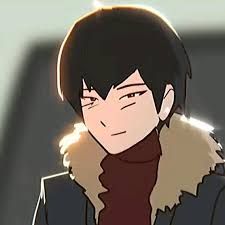 an animated image of a man with black hair and brown eyes, wearing a fur collar