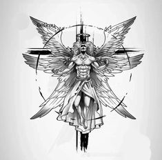 a drawing of an angel with wings on it's chest and head, surrounded by arrows