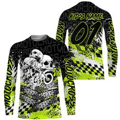 Specially designed for proud bikers. Let's wear this awesome jersey shirt and be bold. PERSONALIZED RIDING JERSEY: This super cool shirt is exactly what all bikers are looking for. Add your name/number to make it a unique one that bears your own imprints. UPF 30+ SPF PROTECTION: Be confident on your ride with this protective jersey from harmful UVA/UVB rays. UNISEX ADULTS & KIDS: Our riding jerseys are all ideal for men, women & youth bikers. Check the size chart to find your fitted size. COMFOR Track Motorcycle, Motocross Jersey, Dirt Bike Racing, Motocross Riders, Tire Tracks, Green Jersey, Bike Racing, Racing Bikes, Jersey Shirt