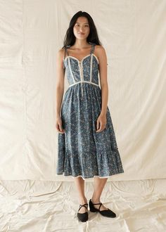 Atèlette Blue Floral Lace Up Midi Sundress - MICHAELA - Romantic Sustainable Clothing Midi Sundress, Chore Coat, Knit Bottom, Gunne Sax, Vintage Records, Blue Floral Print, Made Clothing, Clothes Patterns, Clothes Crafts