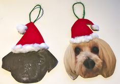 two christmas ornaments with a dog wearing a santa hat and a photo of a dog