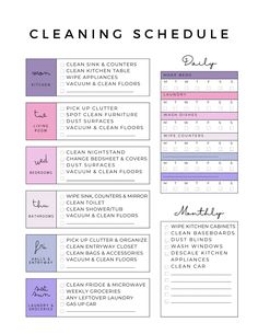 the cleaning schedule is shown in purple and pink