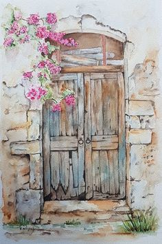 watercolor painting of an old door with pink flowers