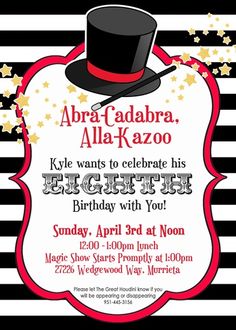 a birthday party flyer with a top hat and stars