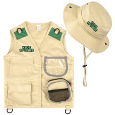 a hat, vest and other items are laid out on a white background with green accents